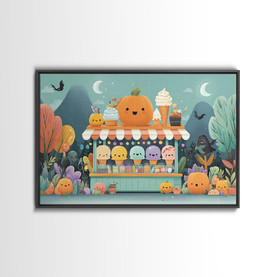 The Pumpkin Ice-Cream Stand, Vector Halloween Art, Landscape Wall Art, Framed Canvas Print, Cute Halloween Wall Art