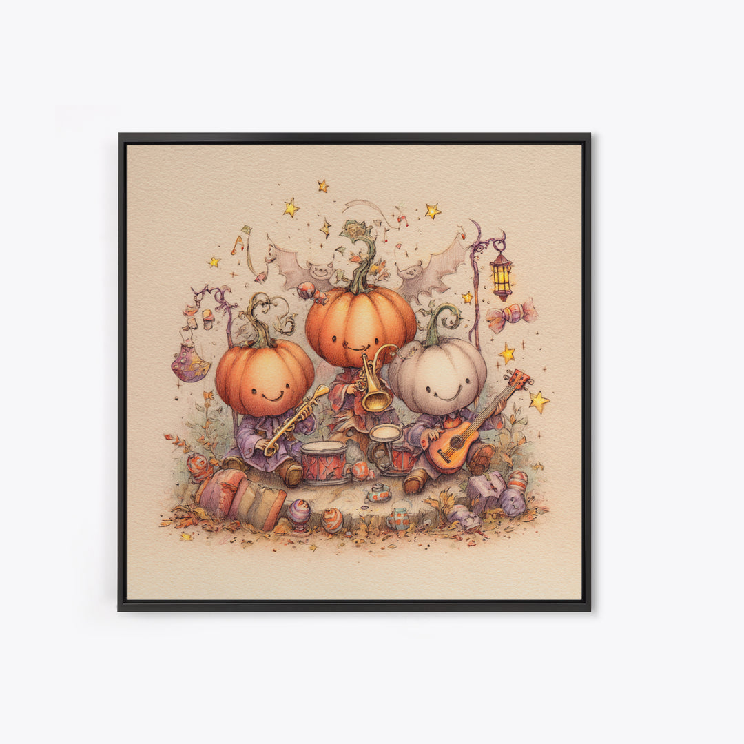 The Pumpkin Music Band, Hand Sketch Halloween Art, Square Wall Art, Canvas Print, Cute Halloween Wall Art