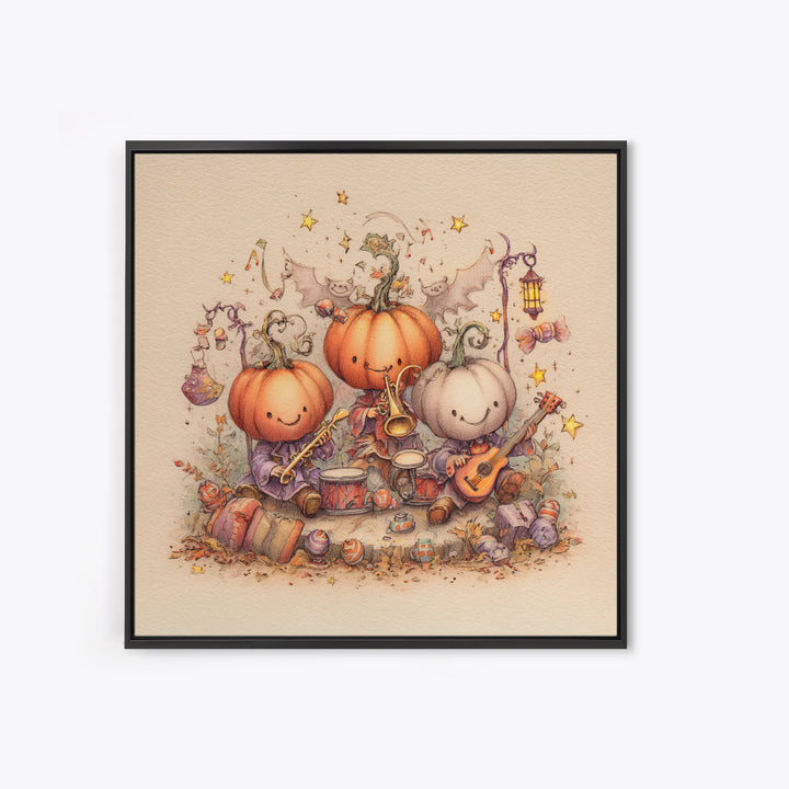 The Pumpkin Music Band, Hand Sketch Halloween Art, Square Wall Art, Canvas Print, Cute Halloween Wall Art