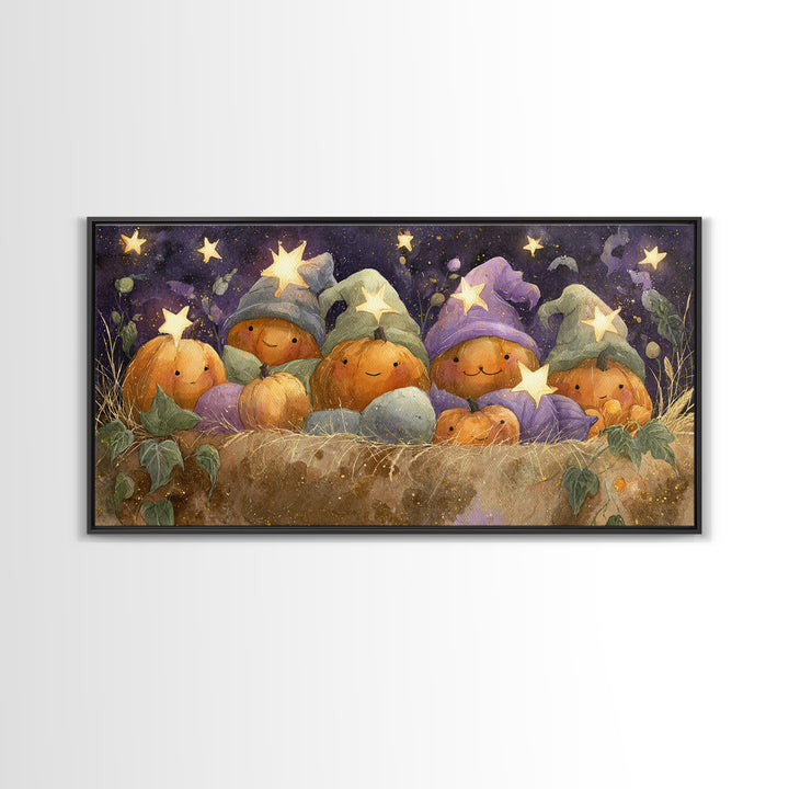 The Pumpkin Pajama Party, Watercolor Halloween Art, Wide Panoramic Art, Framed Canvas Print, Cute Halloween Wall Art
