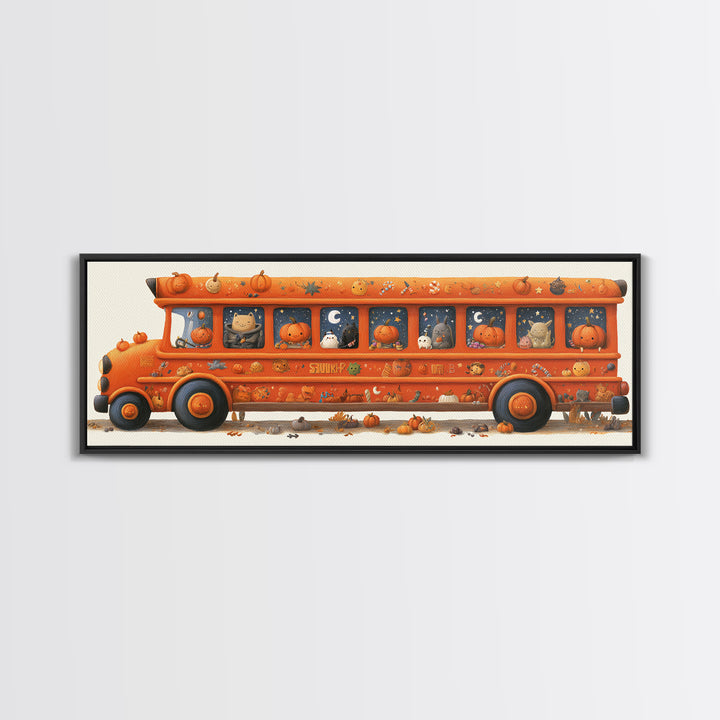 The Pumpkin School Bus, Gouache Halloween Art, Extra Wide Wall Art, Canvas Print, Cute Halloween Wall Art
