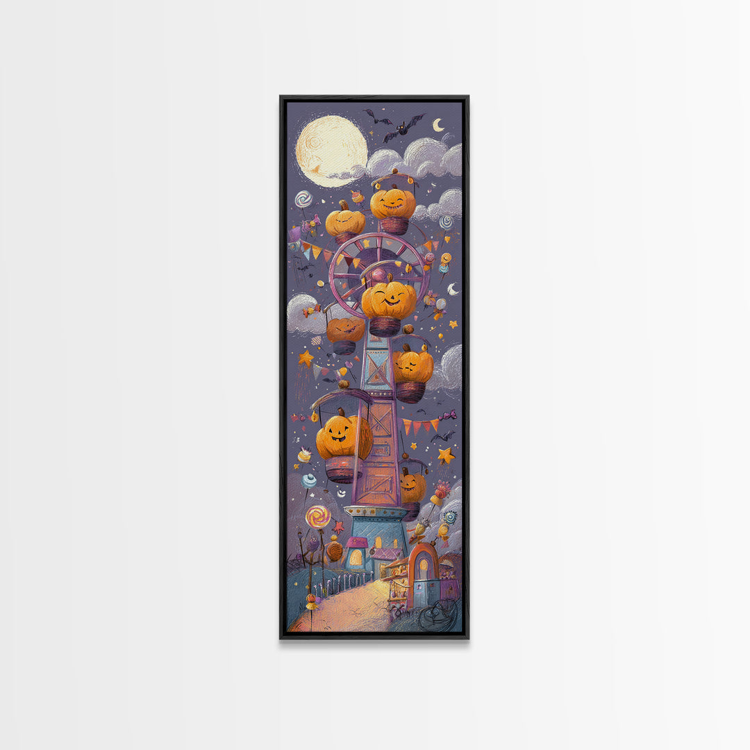 The Pumpkin Ferris Wheel, Crayon Halloween Art, Tall Narrow Wall Art, Framed Canvas Print, Cute Halloween Wall Art