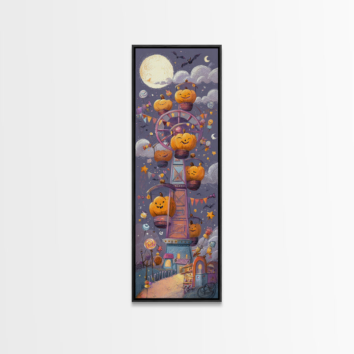 The Pumpkin Ferris Wheel, Crayon Halloween Art, Tall Narrow Wall Art, Framed Canvas Print, Cute Halloween Wall Art