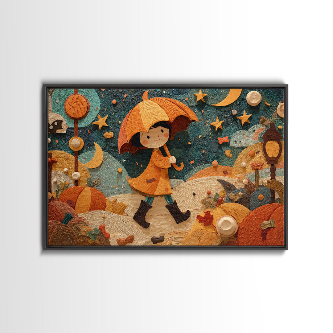 The Pumpkin Umbrella, Paper Collage Halloween, Landscape Wall Art, Framed Canvas Print, Cute Halloween Wall Art