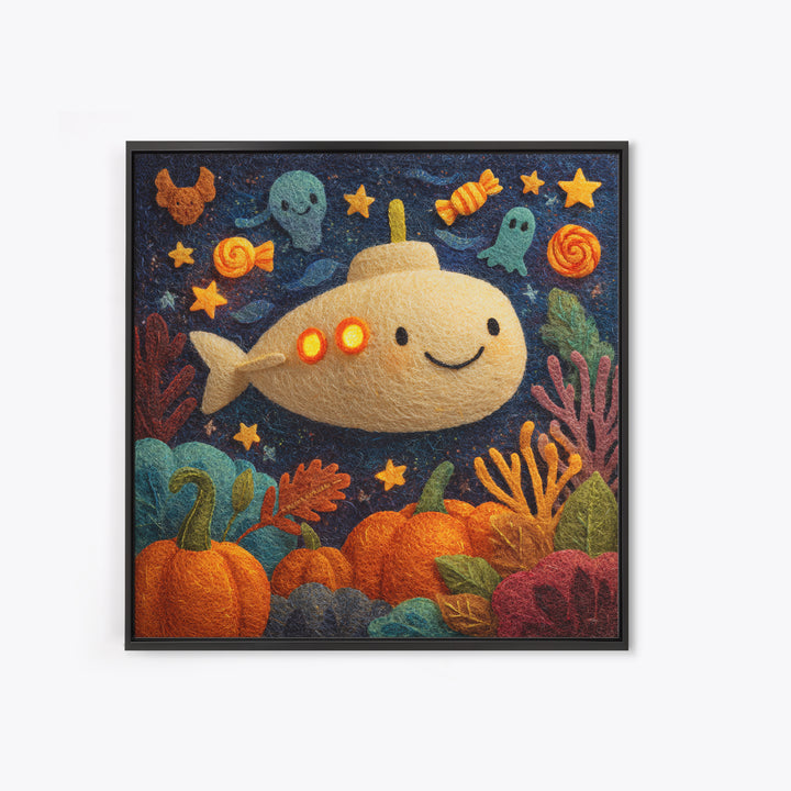 The Pumpkin Submarine, Felt Halloween Art, Square Wall Art, Canvas Print, Cute Halloween Wall Art, Halloween Kids Decor