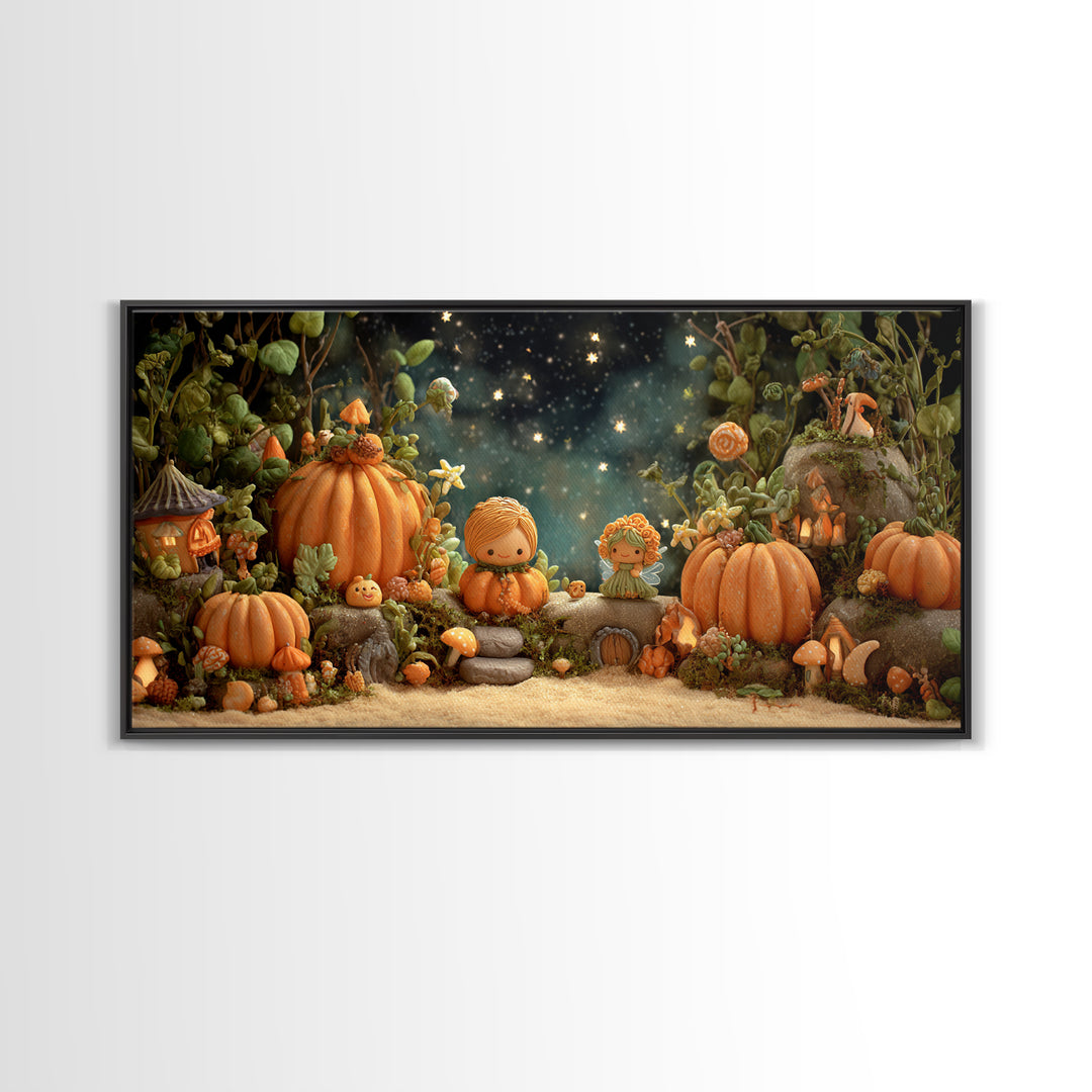The Pumpkin Fairy Garden, Clay Halloween Art, Wide Panoramic Art, Framed Canvas Print, Cute Halloween Wall Art