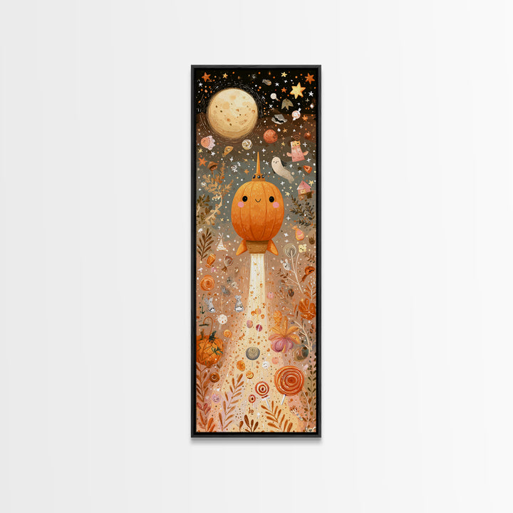 The Pumpkin Rocket Ship, Kawaii Halloween Art, Tall Narrow Wall Art, Framed Canvas Print, Cute Halloween Wall Art
