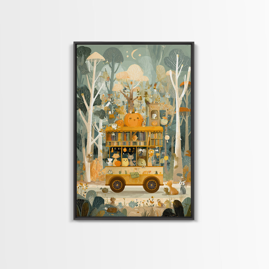 The Pumpkin Bookmobile, Retro Halloween Art, Vertical Wall Art, Canvas Print, Cute Halloween Wall Art