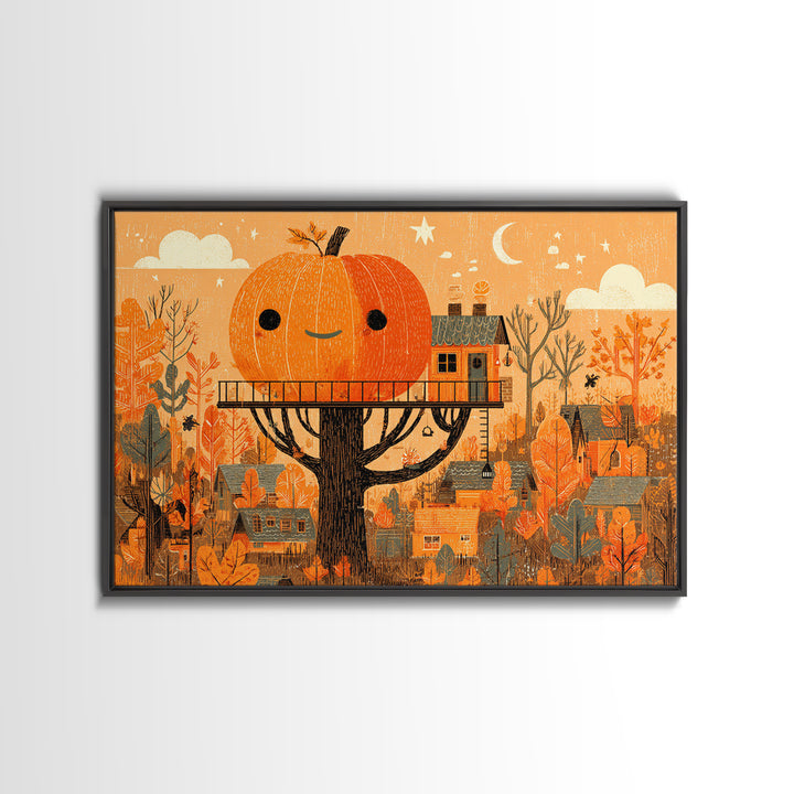 The Pumpkin Treehouse, Screenprint Halloween Art, Landscape Wall Art, Framed Canvas Print, Cute Halloween Wall Art
