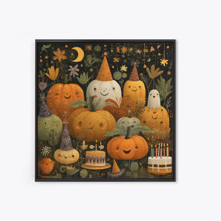 The Great Pumpkin Birthday Party, Folk Halloween Art, Square Wall Art, Canvas Print, Cute Halloween Wall Art