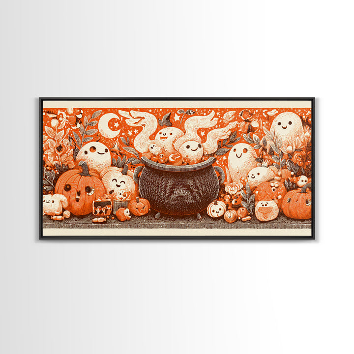 The Cookie Cauldron, Linocut Halloween Art, Wide Panoramic Art, Framed Canvas Print, Cute Halloween Wall Art