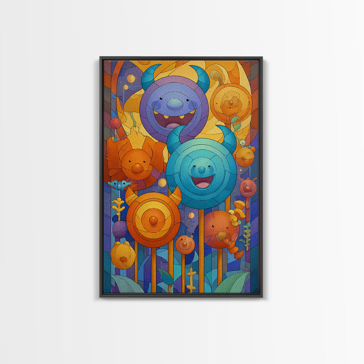 The Friendly Lollipop Monsters, Stained Glass Halloween, Vertical Wall Art, Canvas Print, Cute Halloween Wall Art