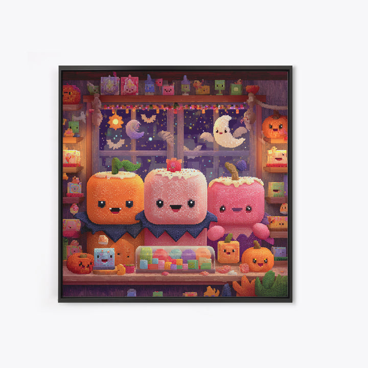 The Donut Vampire Family, Pixel Halloween Art, Square Wall Art, Canvas Print, Cute Halloween Wall Art
