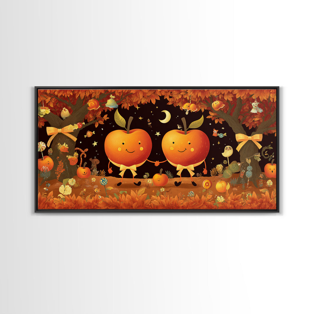 The Caramel Apple Friends, Vector Halloween Art, Wide Panoramic Art, Framed Canvas Print, Cute Halloween Wall Art