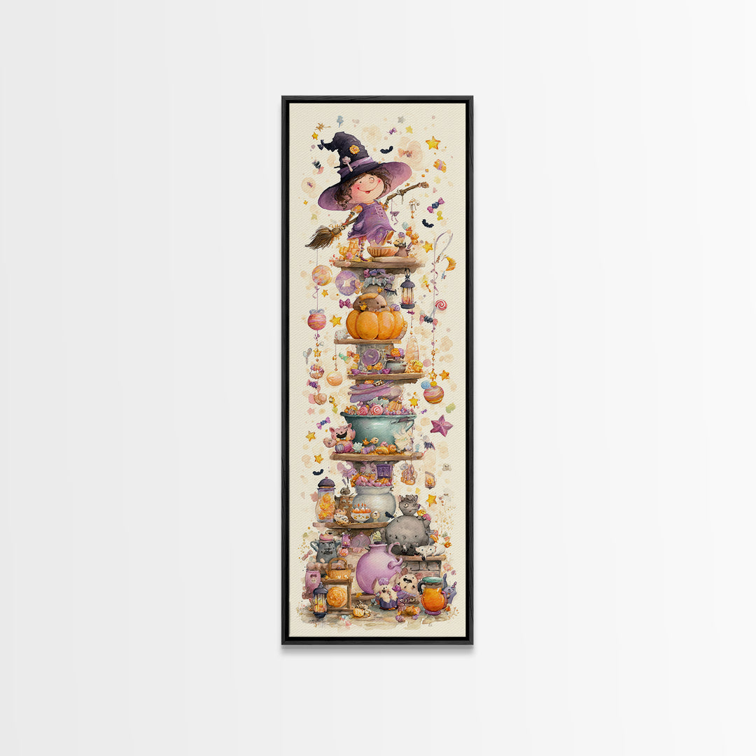 The Candy Witch'S Kitchen, Watercolor Halloween Art, Tall Narrow Wall Art, Framed Canvas Print, Cute Halloween Wall Art
