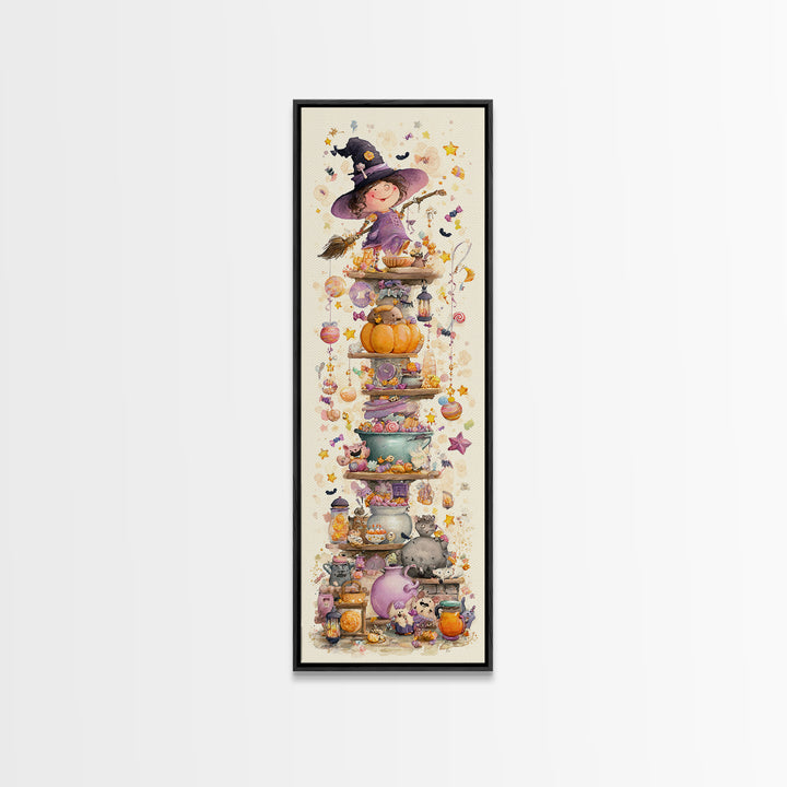 The Candy Witch'S Kitchen, Watercolor Halloween Art, Tall Narrow Wall Art, Framed Canvas Print, Cute Halloween Wall Art