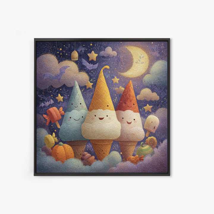 The Ice-Cream Ghost Parade, Pastel Halloween Art, Square Wall Art, Canvas Print, Cute Halloween Wall Art