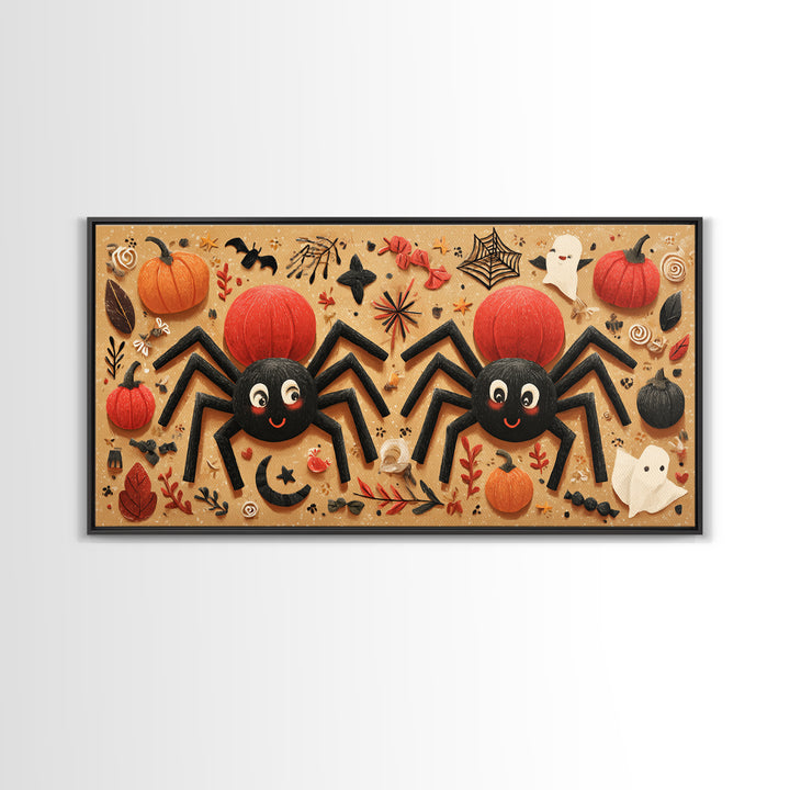 The Licorice Spider Family, Paper Collage Halloween, Wide Panoramic Art, Framed Canvas Print, Cute Halloween Wall Art