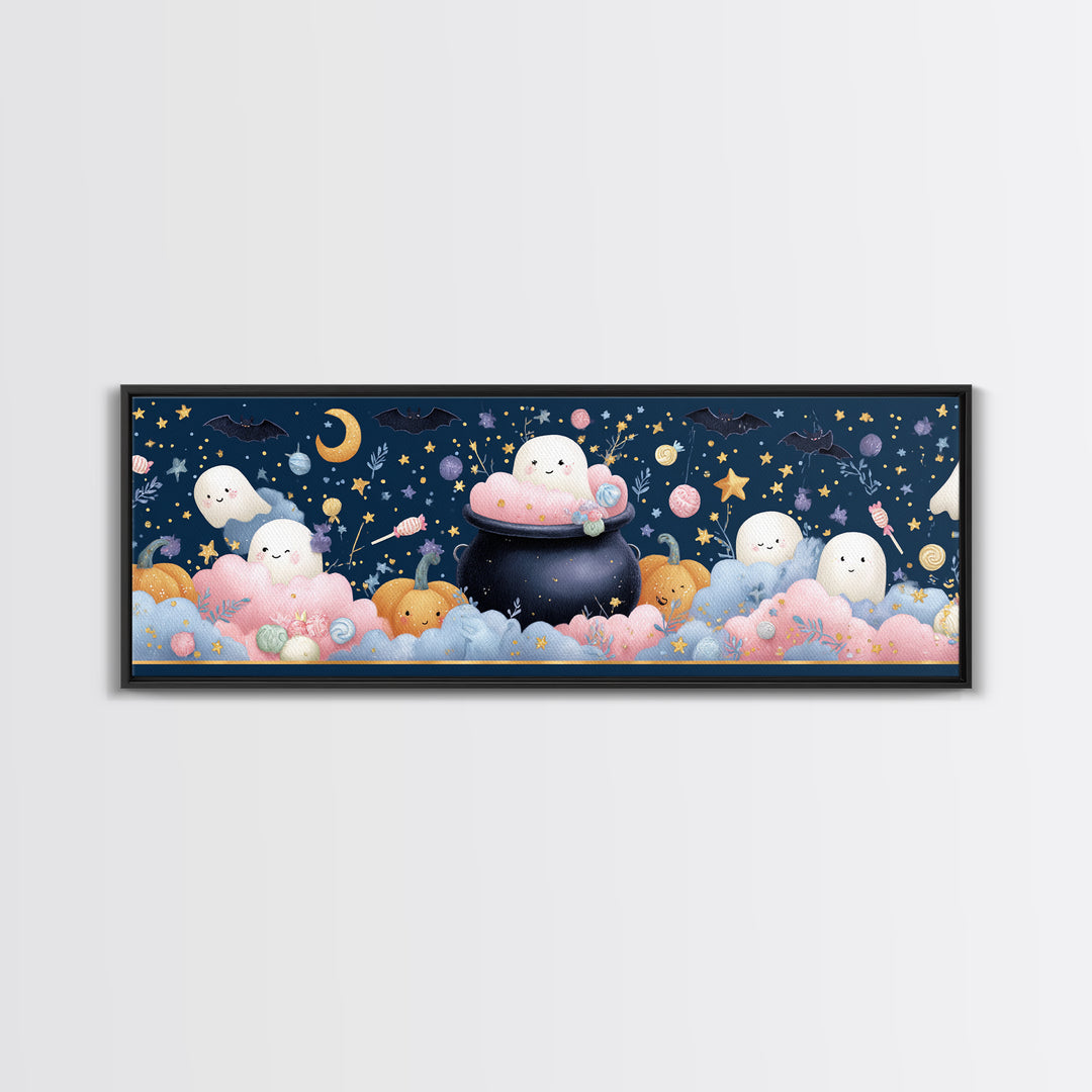 The Cotton-Candy Cauldron, Felt Halloween Art, Extra Wide Wall Art, Canvas Print, Cute Halloween Wall Art