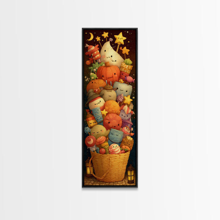 The Candy Basket Sleepover, Clay Halloween Art, Tall Narrow Wall Art, Framed Canvas Print, Cute Halloween Wall Art