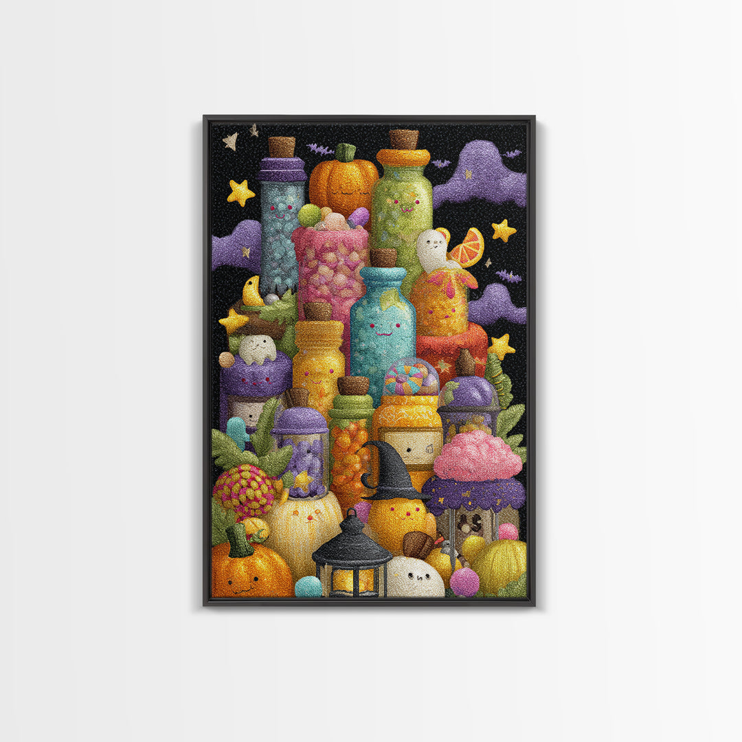 The Jellybean Potion Shop, Plush Halloween Art, Vertical Wall Art, Canvas Print, Cute Halloween Wall Art