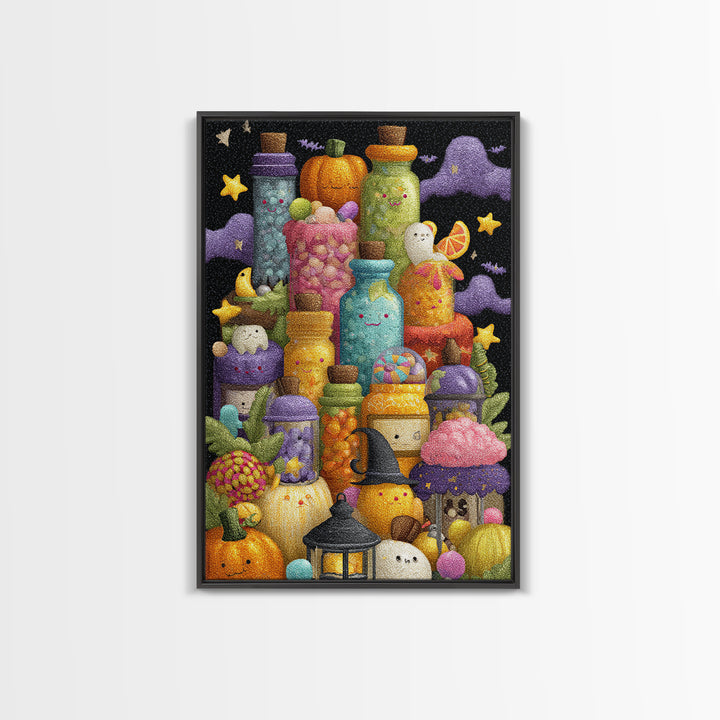 The Jellybean Potion Shop, Plush Halloween Art, Vertical Wall Art, Canvas Print, Cute Halloween Wall Art