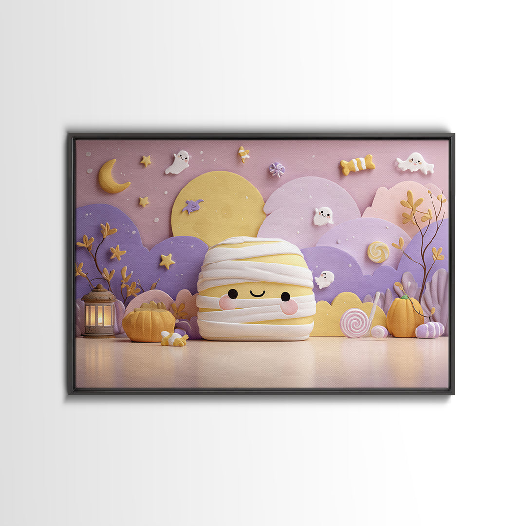 The Popcorn Mummy, Kawaii Halloween Art, Landscape Wall Art, Framed Canvas Print, Cute Halloween Wall Art