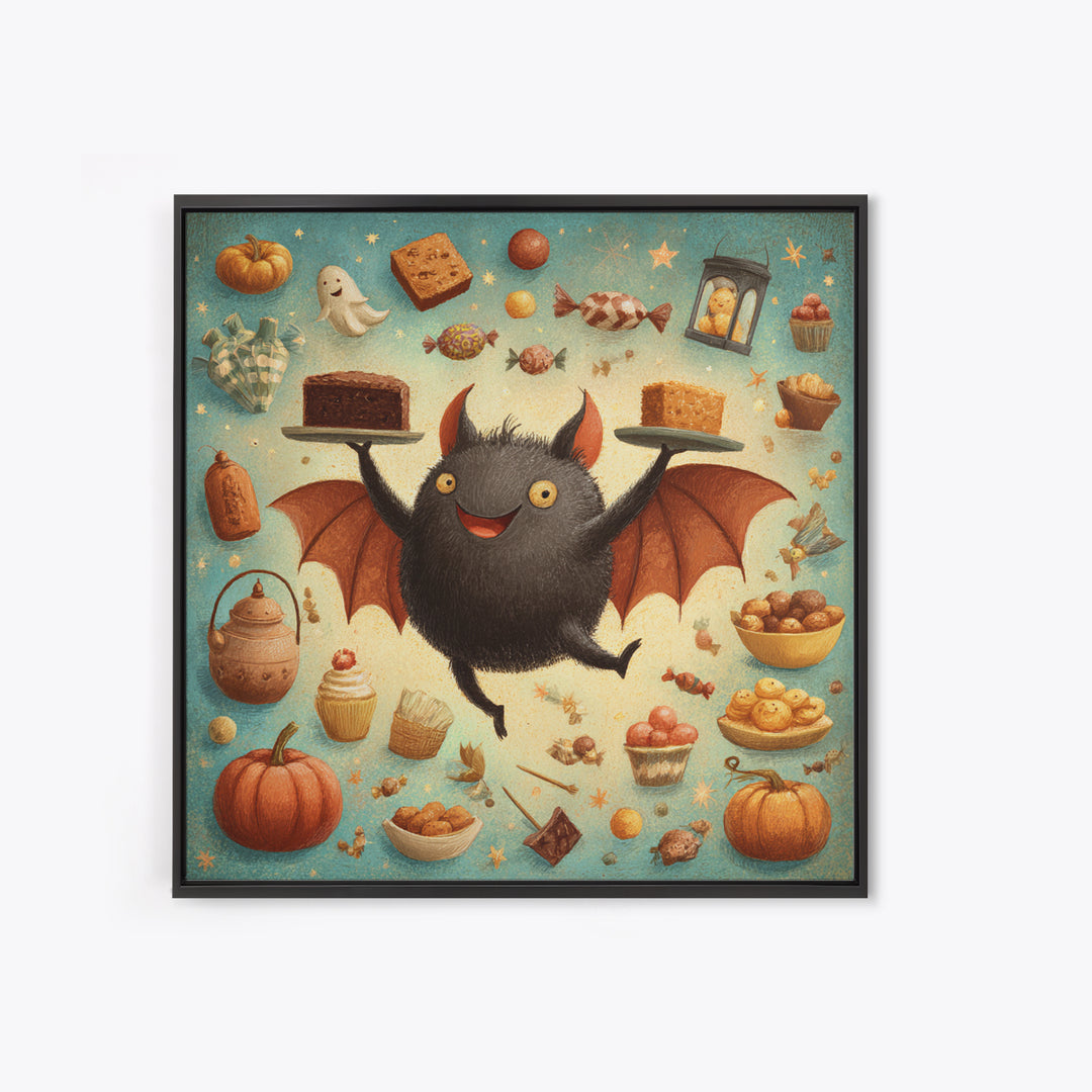 The Brownie Bat Bakery, Retro Halloween Art, Square Wall Art, Canvas Print, Cute Halloween Wall Art, Halloween Kids Decor