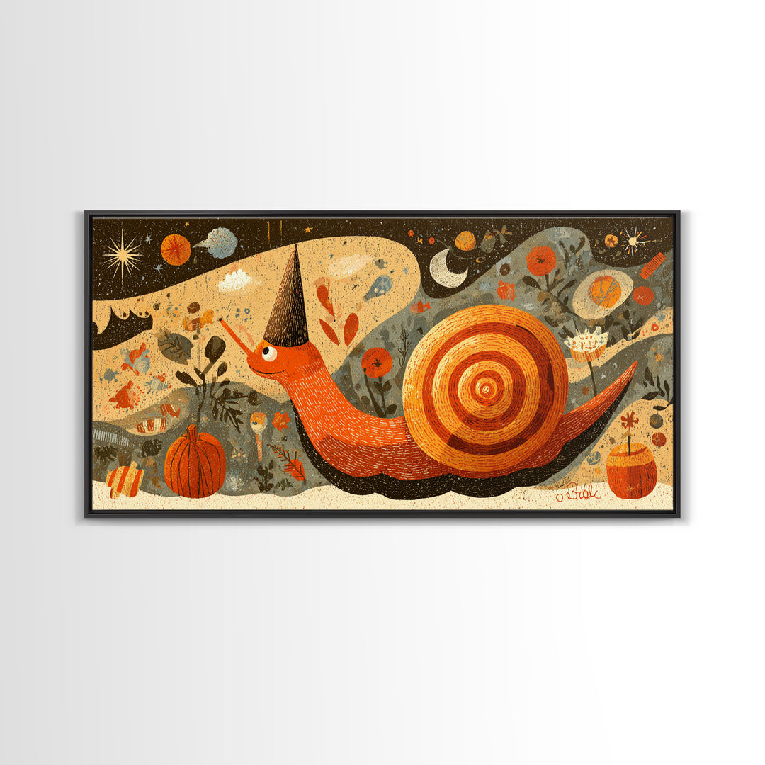 The Cinnamon-Roll Snail Witch, Screenprint Halloween Art, Wide Panoramic Art, Framed Canvas Print, Cute Halloween Wall Art