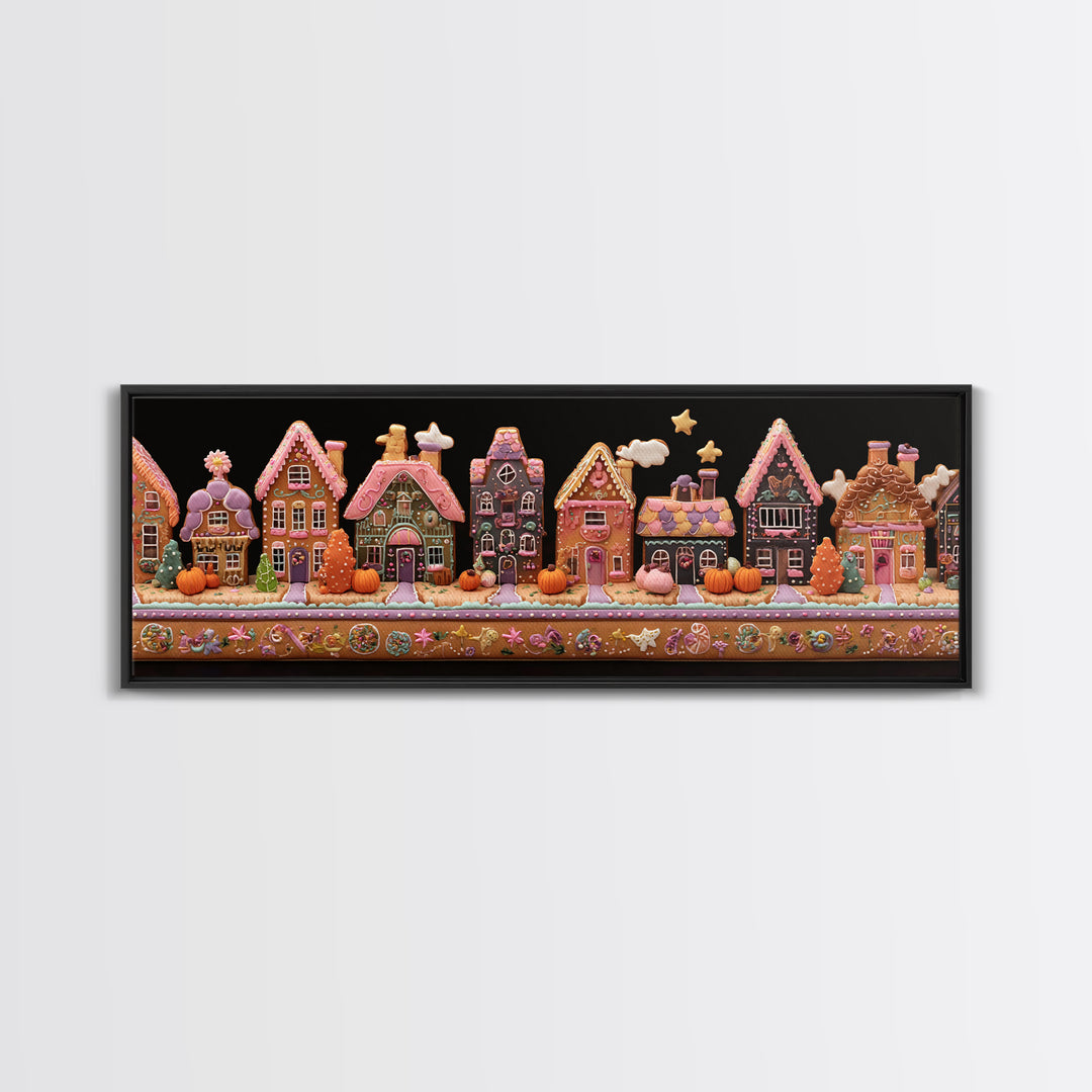 The Halloween Gingerbread Village, Folk Halloween Art, Extra Wide Wall Art, Canvas Print, Cute Halloween Wall Art