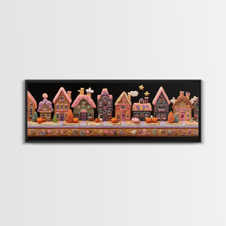 The Halloween Gingerbread Village, Folk Halloween Art, Extra Wide Wall Art, Canvas Print, Cute Halloween Wall Art