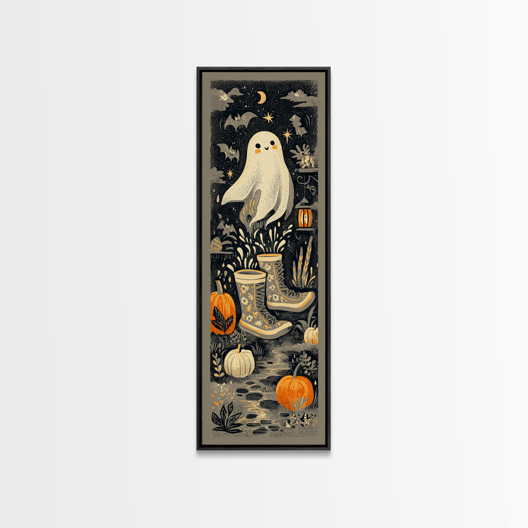 The Ghost In Rain Boots, Linocut Halloween Art, Tall Narrow Wall Art, Framed Canvas Print, Cute Halloween Wall Art