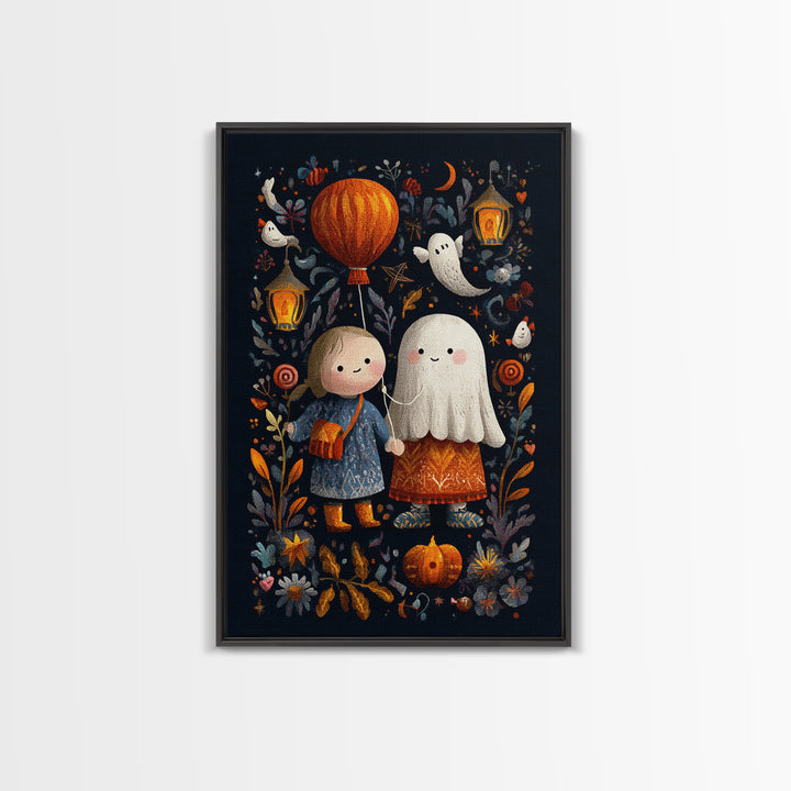 The Ghost Balloon Friend, Embroidered Halloween Art, Vertical Wall Art, Canvas Print, Cute Halloween Wall Art