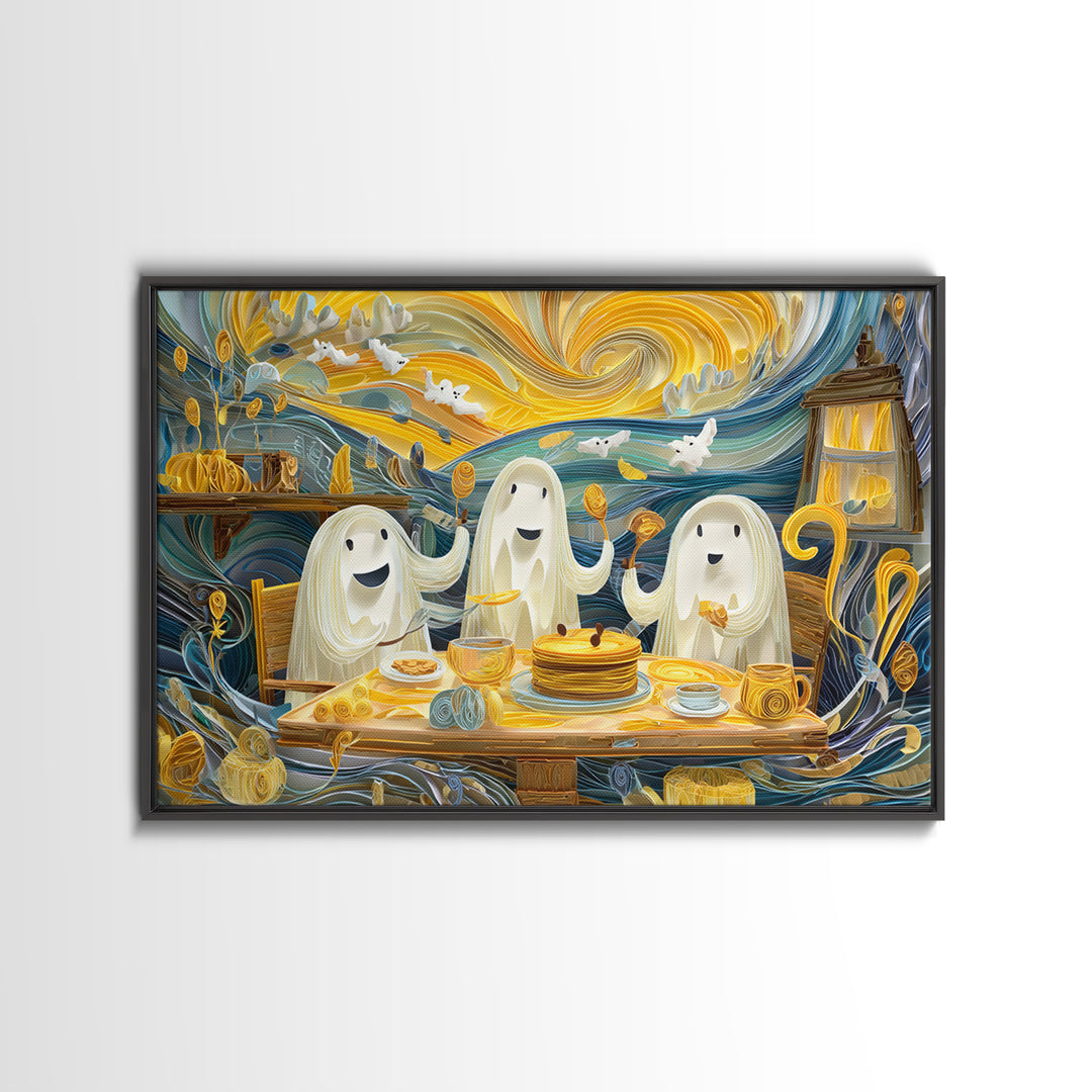 The Ghost Family Breakfast, Quilled Halloween Art, Landscape Wall Art, Framed Canvas Print, Cute Halloween Wall Art