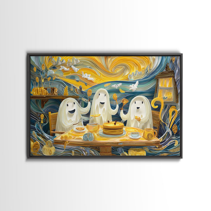 The Ghost Family Breakfast, Quilled Halloween Art, Landscape Wall Art, Framed Canvas Print, Cute Halloween Wall Art