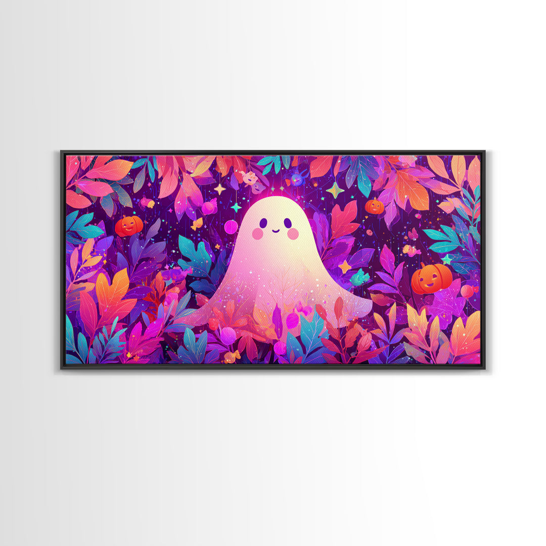The Ghost With A Flower Crown, Vaporwave Halloween Art, Wide Panoramic Art, Framed Canvas Print, Cute Halloween Wall Art