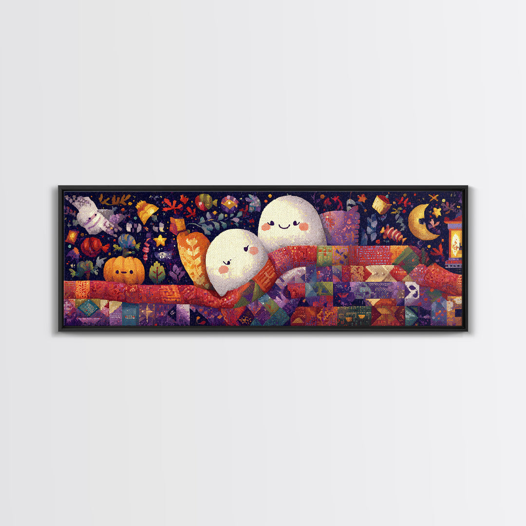 The Sleepy Blanket Ghost, Pixel Halloween Art, Extra Wide Wall Art, Canvas Print, Cute Halloween Wall Art