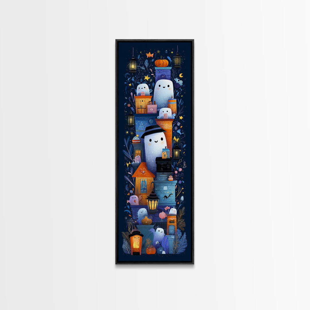 The Ghost Mail Carrier, Vector Halloween Art, Tall Narrow Wall Art, Framed Canvas Print, Cute Halloween Wall Art