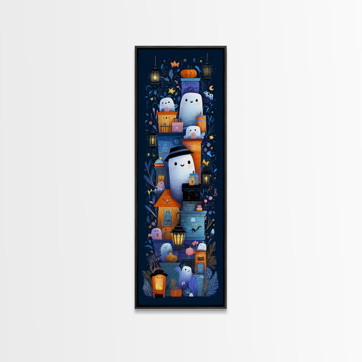 The Ghost Mail Carrier, Vector Halloween Art, Tall Narrow Wall Art, Framed Canvas Print, Cute Halloween Wall Art