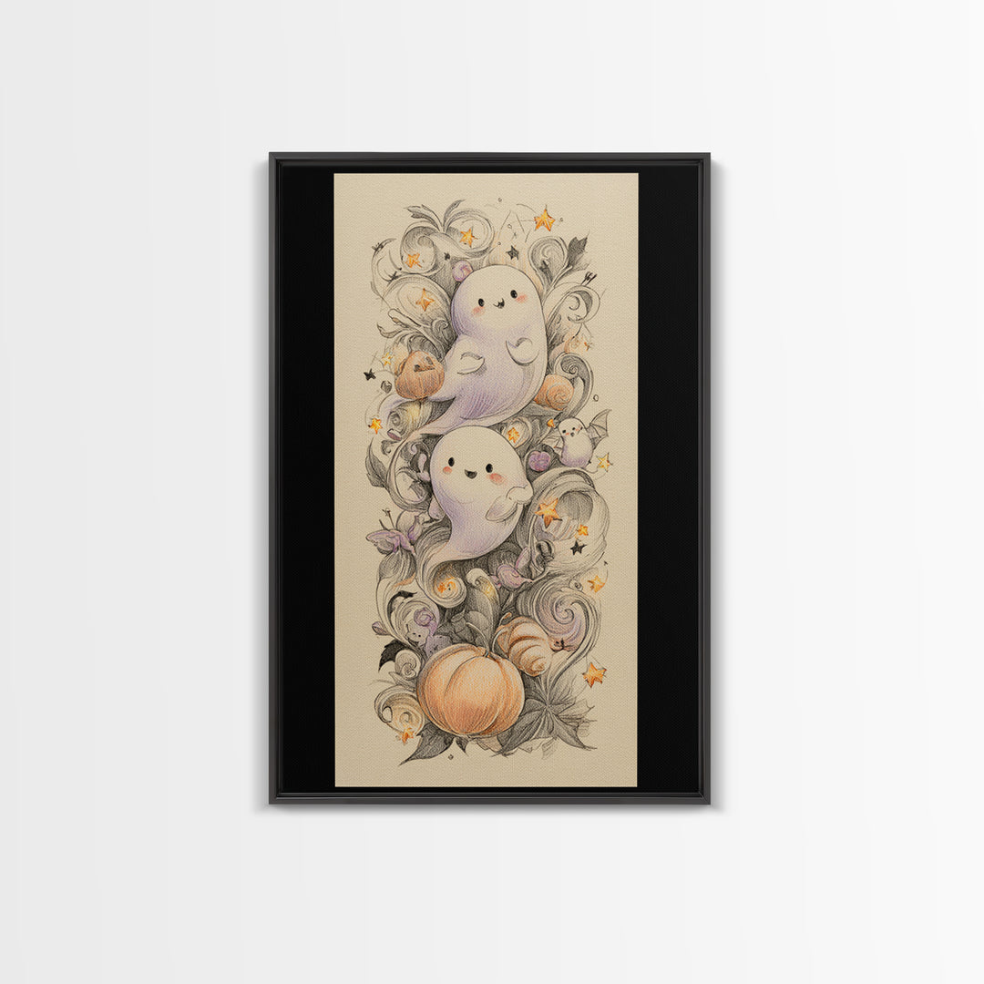 The Ghost And Firefly Friends, Hand Sketch Halloween Art, Vertical Wall Art, Canvas Print, Cute Halloween Wall Art