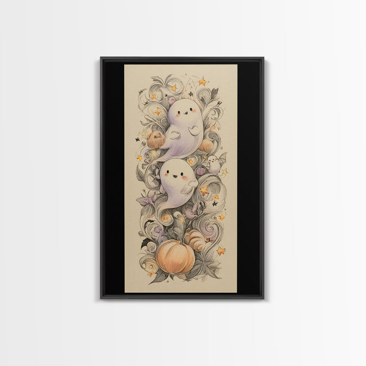 The Ghost And Firefly Friends, Hand Sketch Halloween Art, Vertical Wall Art, Canvas Print, Cute Halloween Wall Art