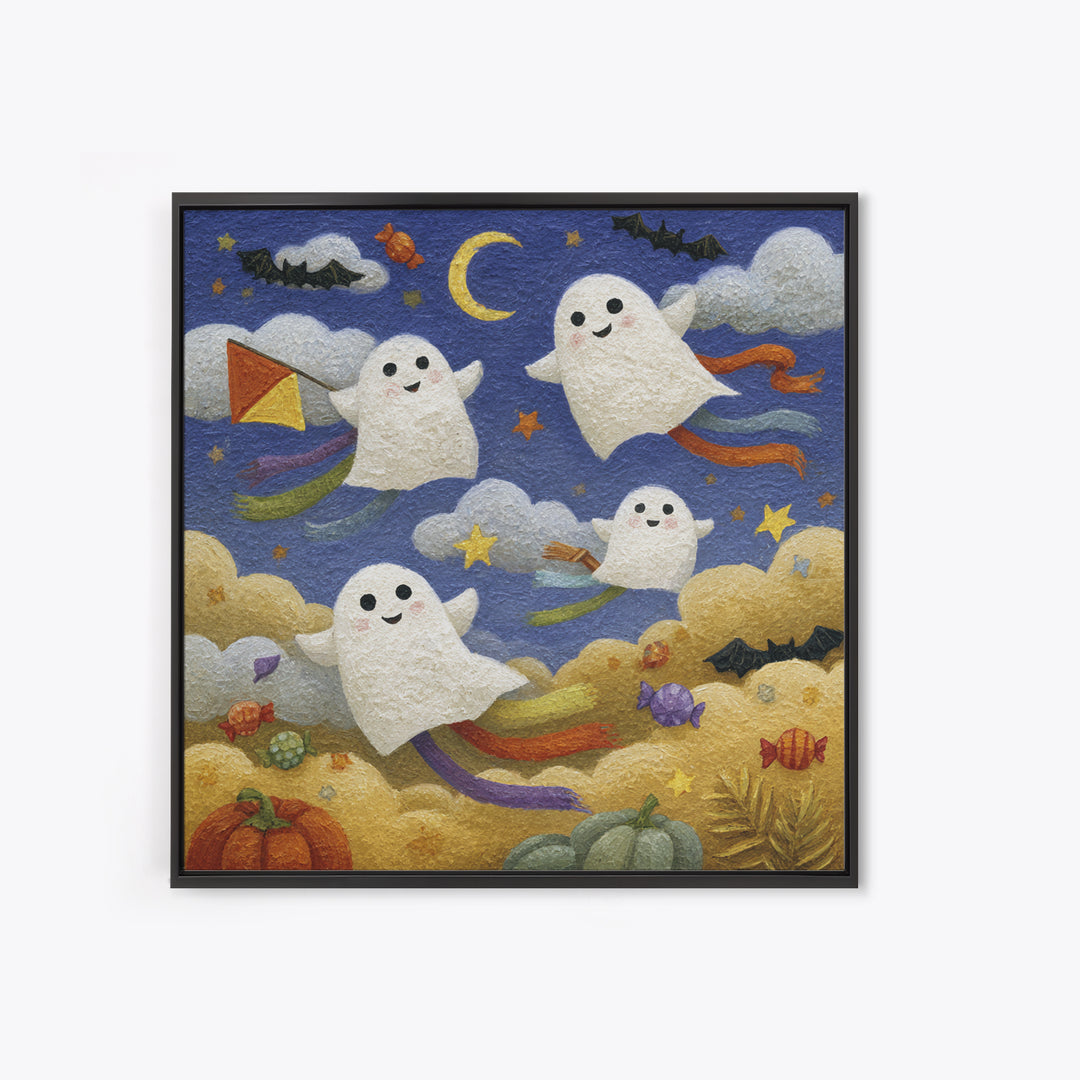 The Ghost Kite Festival, Gouache Halloween Art, Square Wall Art, Canvas Print, Cute Halloween Wall Art