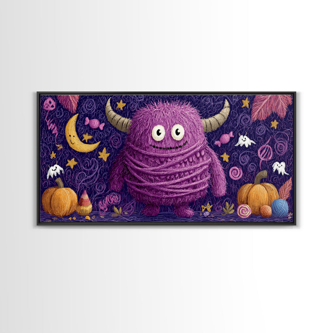 The Fuzzy Purple Monster, Crayon Halloween Art, Wide Panoramic Art, Framed Canvas Print, Cute Halloween Wall Art