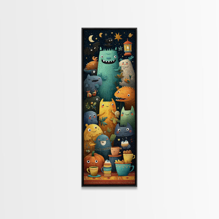 The Monster Under The Bed Tea Party, Paper Collage Halloween, Tall Narrow Wall Art, Framed Canvas Print, Cute Halloween Wall Art