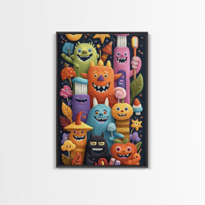 The Monster Toothbrush Club, Felt Halloween Art, Vertical Wall Art, Canvas Print, Cute Halloween Wall Art