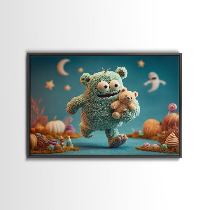 The Three-Eyed Teddy Monster, Clay Halloween Art, Landscape Wall Art, Framed Canvas Print, Cute Halloween Wall Art