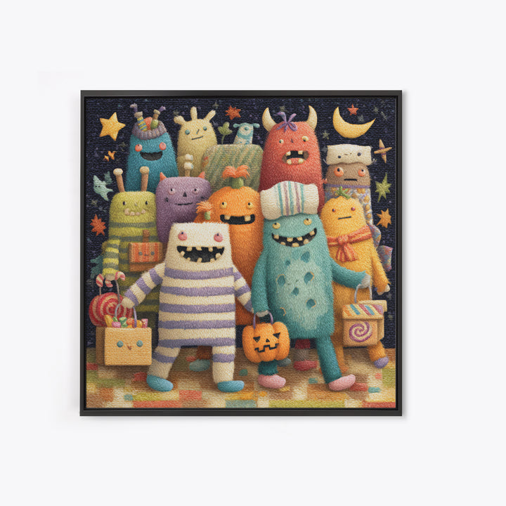 The Monster Pajama Parade, Plush Halloween Art, Square Wall Art, Canvas Print, Cute Halloween Wall Art