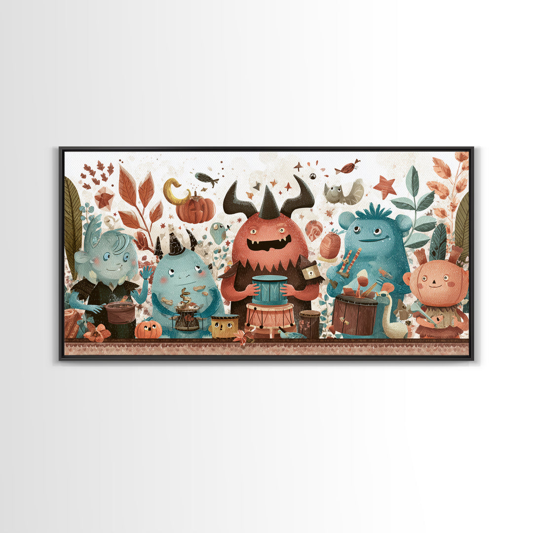 The Little Monster Orchestra, Kawaii Halloween Art, Wide Panoramic Art, Framed Canvas Print, Cute Halloween Wall Art