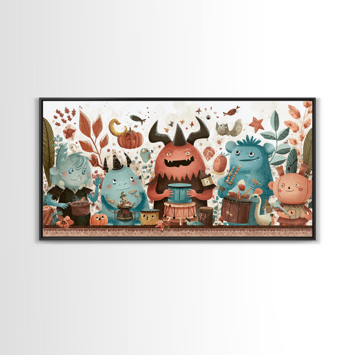 The Little Monster Orchestra, Kawaii Halloween Art, Wide Panoramic Art, Framed Canvas Print, Cute Halloween Wall Art
