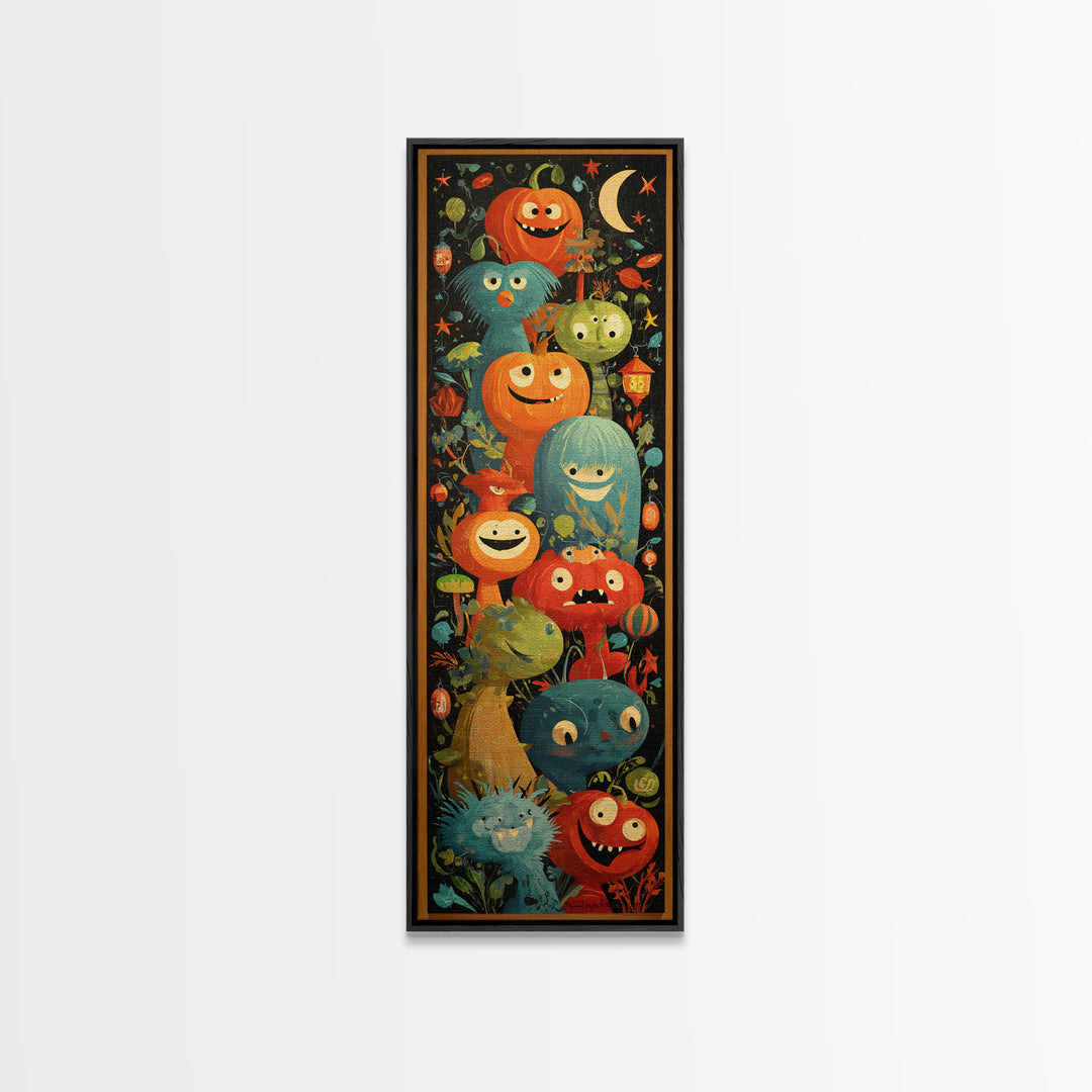 The Monster Hide-And-Seek Game, Screenprint Halloween Art, Tall Narrow Wall Art, Framed Canvas Print, Cute Halloween Wall Art